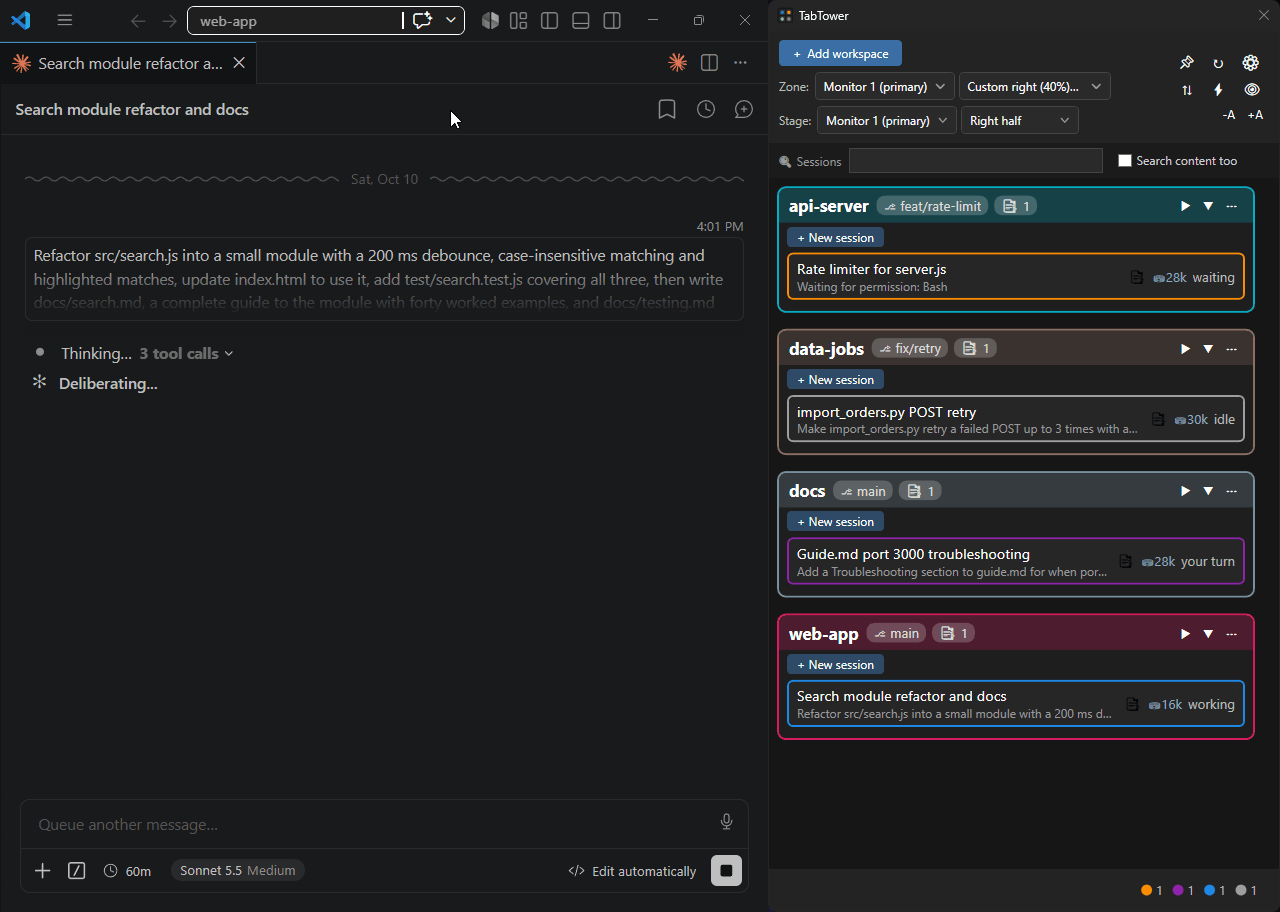 TabTower in action: a waiting session blinks orange on the deck, and one click opens its tab in VS Code